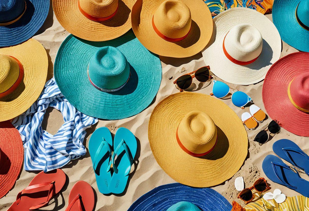 A vibrant tropical beach scene featuring a diverse collection of stylish beachwear items like sun hats, swimsuits, cover-ups, and flip-flops, arranged artistically on a sandy beach with turquoise waves in the background. Include beach accessories such as sunglasses, beach bags, and umbrellas, all under a bright blue sky. Highlight the textures and colors of the fabrics, evoking a sense of summer vacation. super-realistic. vibrant colors. beach setting.